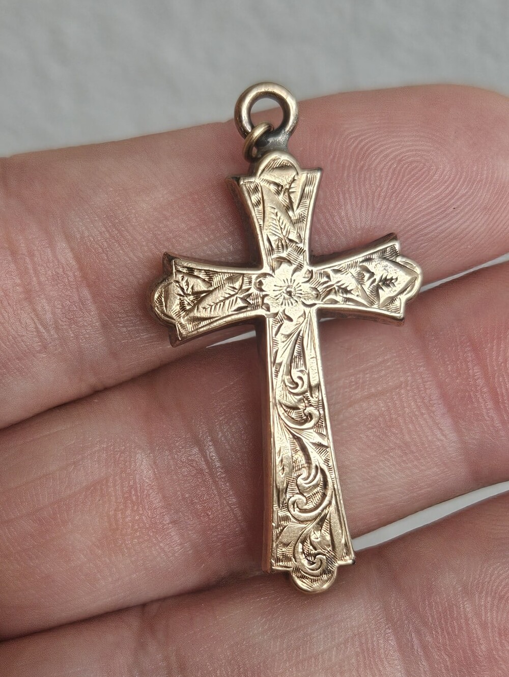 Antique Victorian 3D 14k Yellow Gold Etched Floral Cross Pendant 1.7"